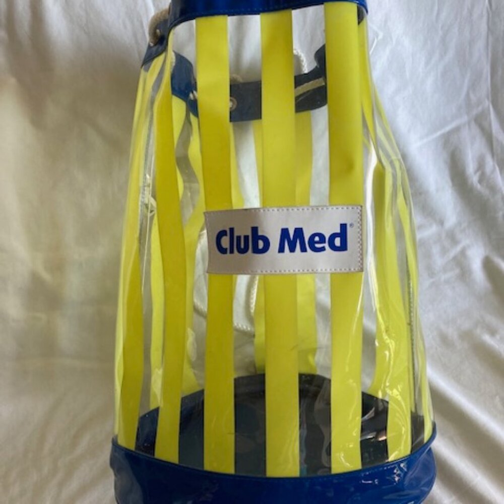 Club Med Yellow Clear and Blue Bucket Beach Bag with White Drawstring Vintage
